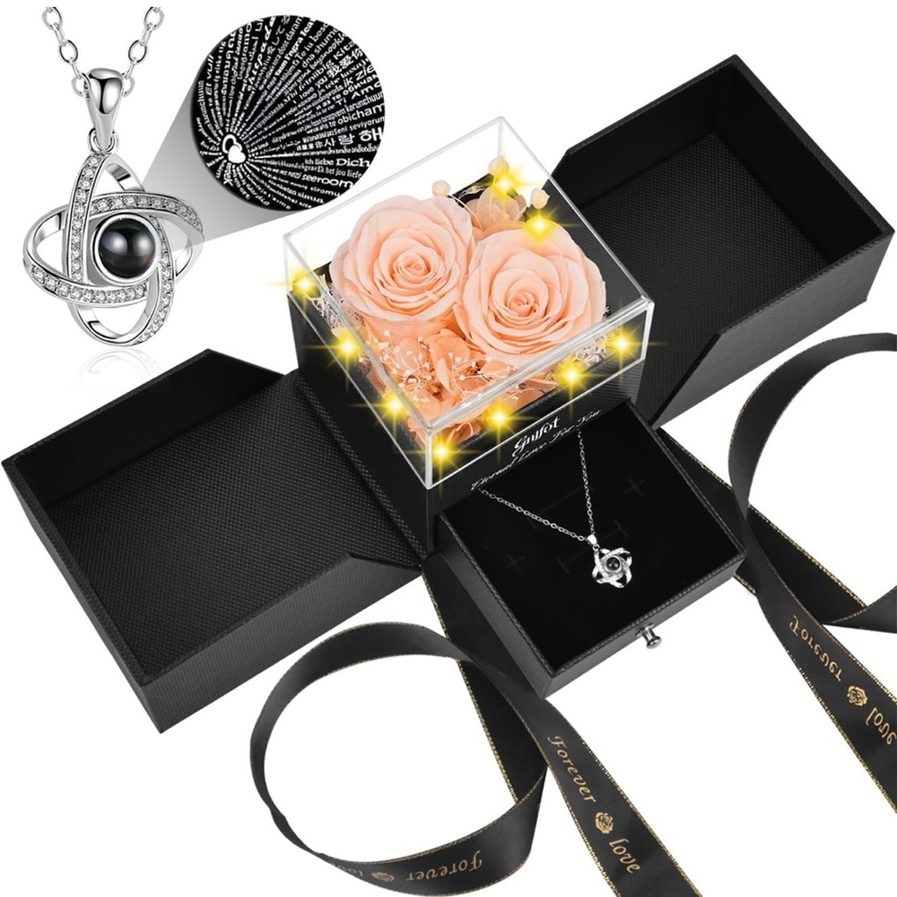Preserved Eternal Rose Gift with I Love You Necklace Red Champagne Light Up Box
